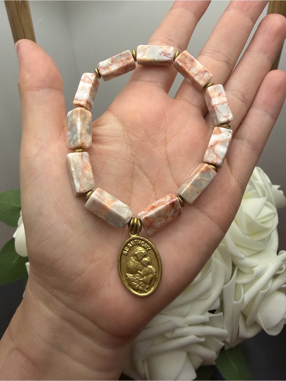 Beaded Pink Marble Bracelet with Religious Charm